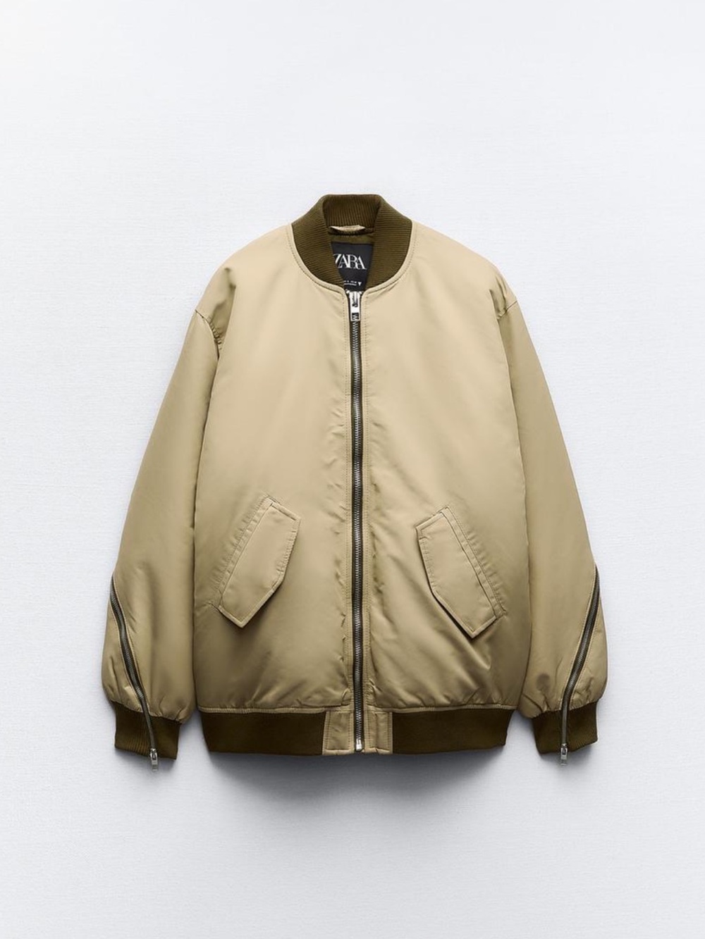 ZARA Beige Bomber Jacket with Olive Trim